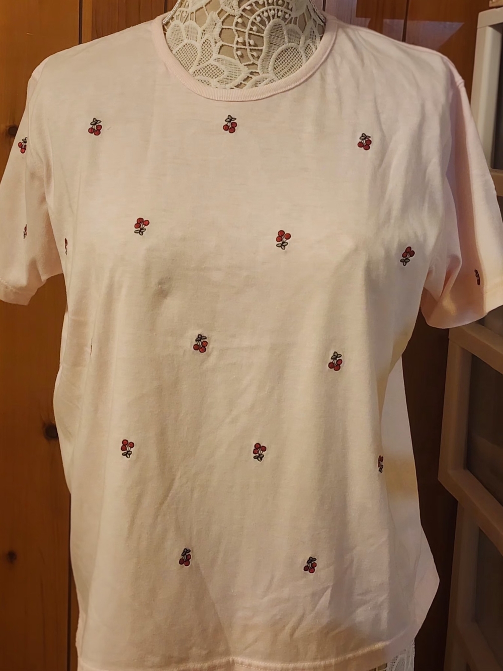 Pastel Pink All-Over Embroidered Cherry Short Sleeve Crewneck Tee